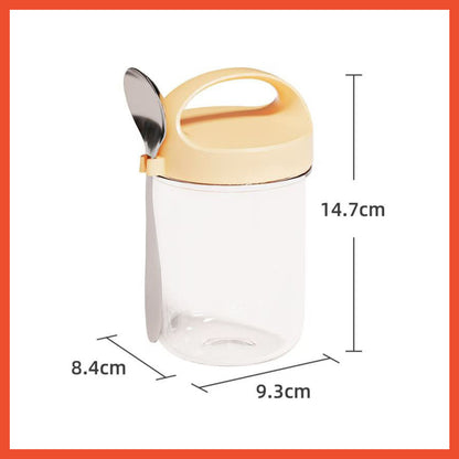 HOPTECH - 350ml Oatmeal Glass Cup with Spill-Proof Lid, Free Stainless Steel Spoon, Glass Cup, Salad Mug