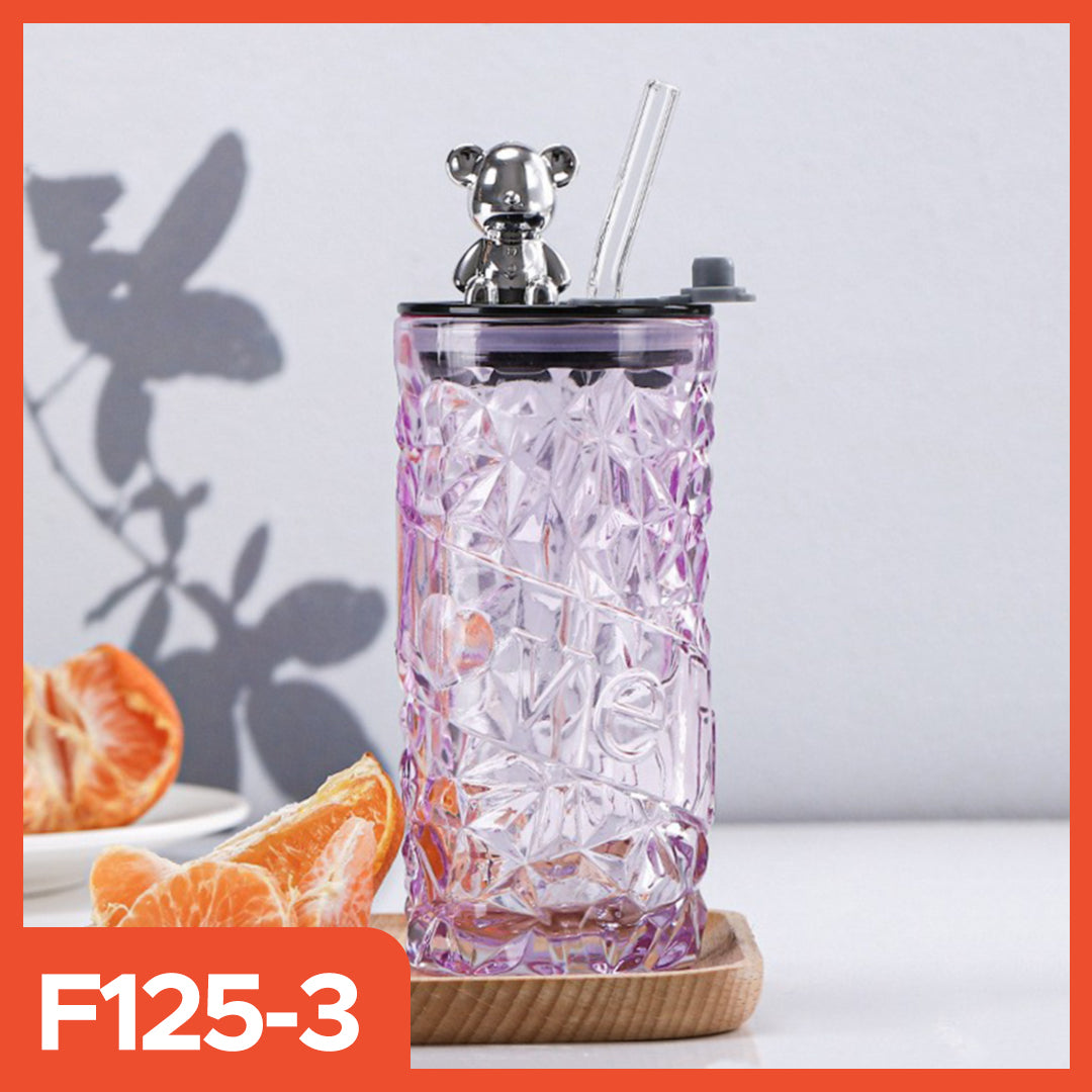 500ml Glass Tumbler | Aesthetic Glass Tumbler Coffee Mug Bottle | Glass Tumbler with Bear Lid