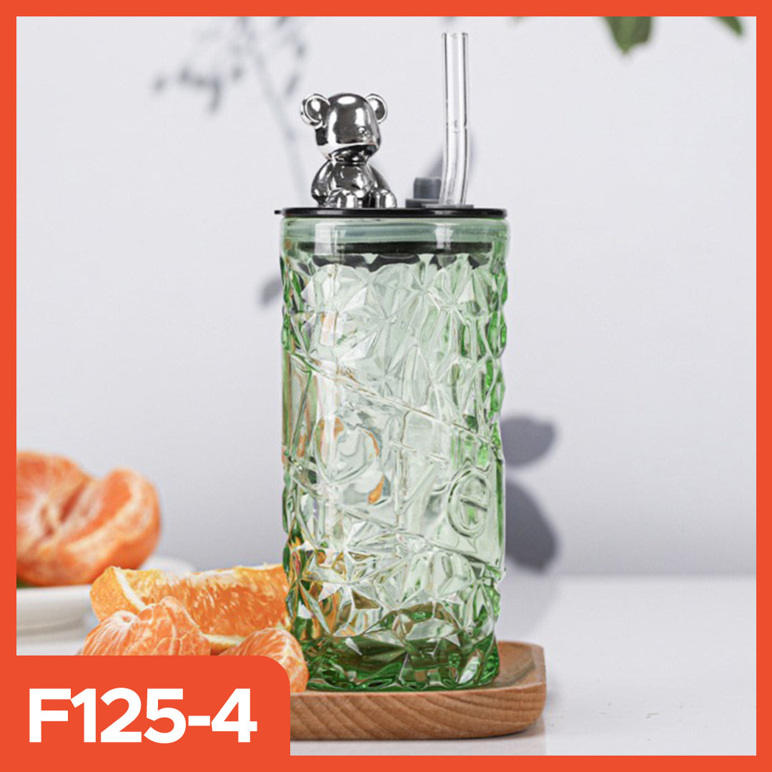 500ml Glass Tumbler | Aesthetic Glass Tumbler Coffee Mug Bottle | Glass Tumbler with Bear Lid