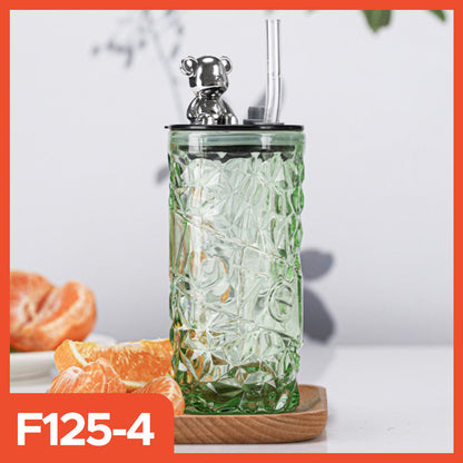 500ml Glass Tumbler | Aesthetic Glass Tumbler Coffee Mug Bottle | Glass Tumbler with Bear Lid