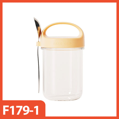 HOPTECH - 350ml Oatmeal Glass Cup with Spill-Proof Lid, Free Stainless Steel Spoon, Glass Cup, Salad Mug