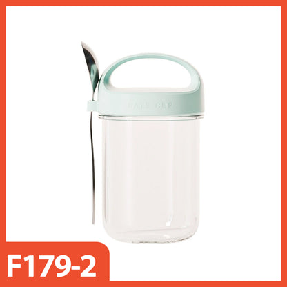 HOPTECH - 350ml Oatmeal Glass Cup with Spill-Proof Lid, Free Stainless Steel Spoon, Glass Cup, Salad Mug