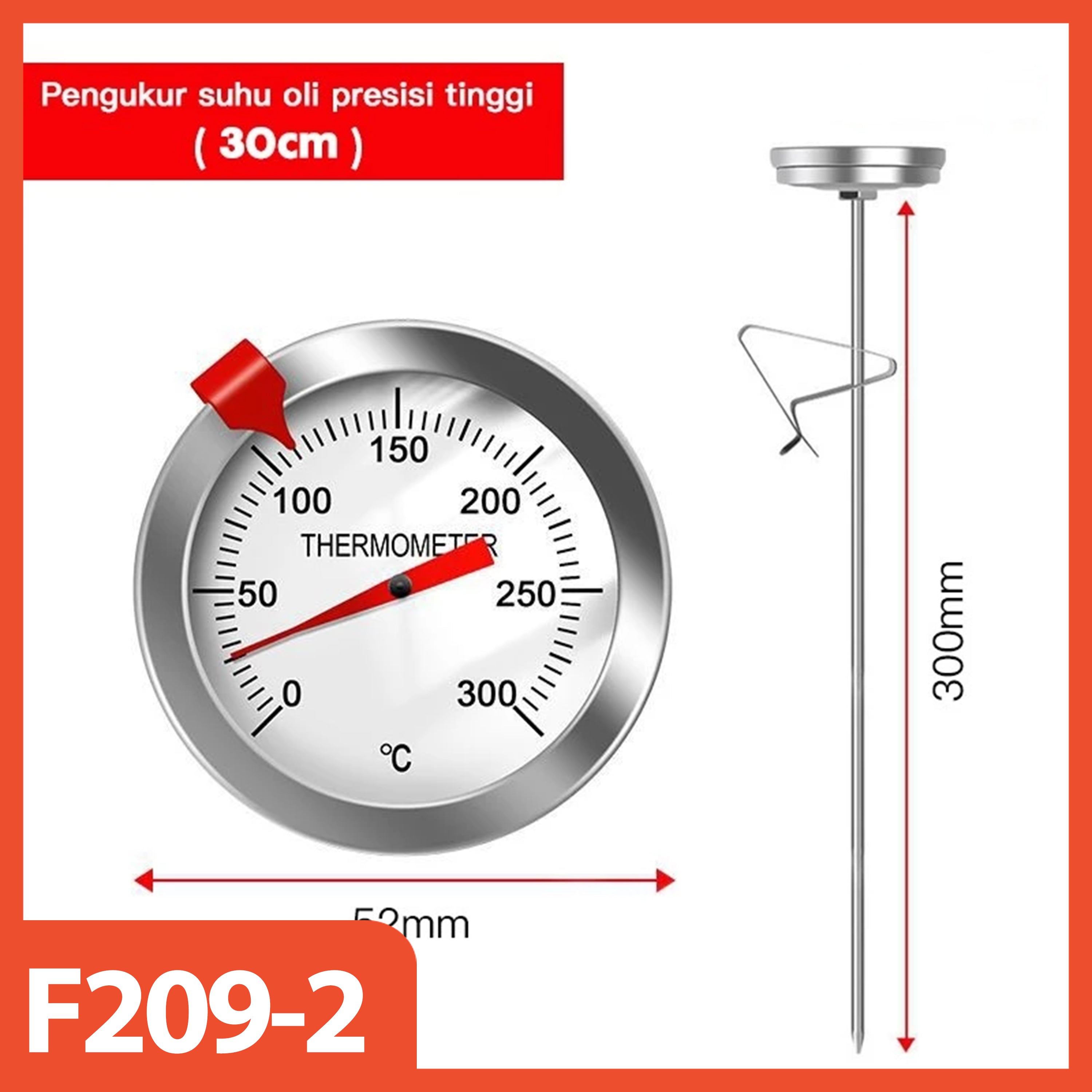 HOPTECH - Termometer Penggorengan Stainless Steel 0-300°C – Termometer Minyak Goreng, Masak, dan BBQ