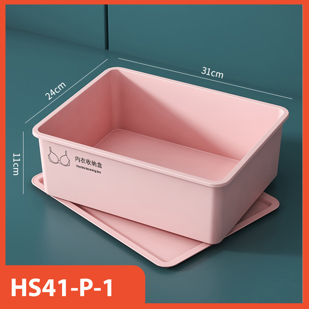 Pink storage box with dimensions on a teal background