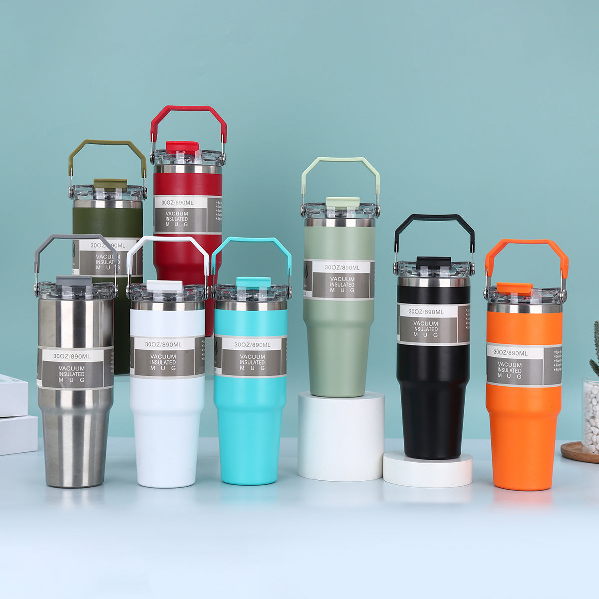 890ml Stainless Steel Drinking Tumbler - Handle 2in1 Vacuum Insulated Portable Thermos Heat Resistant