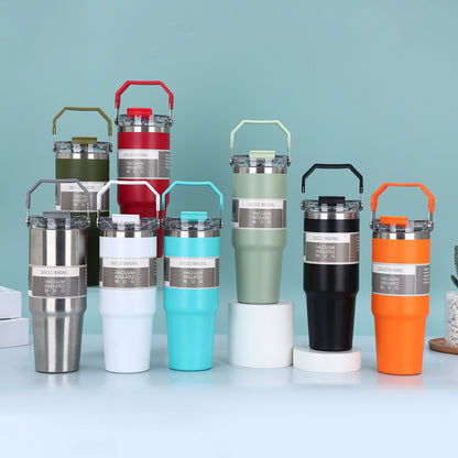 890ml Stainless Steel Drinking Tumbler - Handle 2in1 Vacuum Insulated Portable Thermos Heat Resistant
