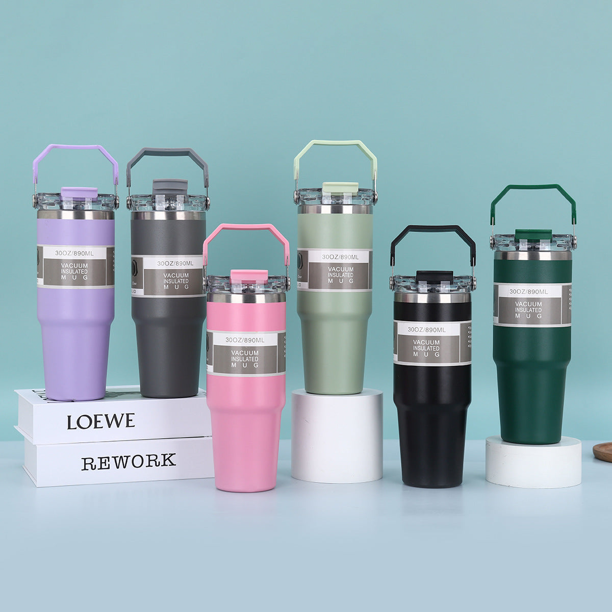 890ml Stainless Steel Drinking Tumbler - Handle 2in1 Vacuum Insulated Portable Thermos Heat Resistant