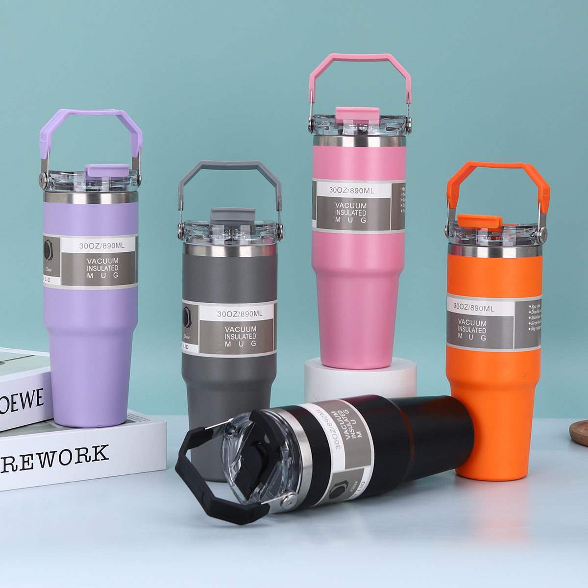 890ml Stainless Steel Drinking Tumbler - Handle 2in1 Vacuum Insulated Portable Thermos Heat Resistant