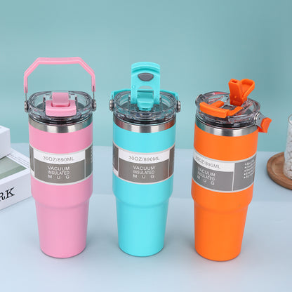 890ml Stainless Steel Drinking Tumbler - Handle 2in1 Vacuum Insulated Portable Thermos Heat Resistant
