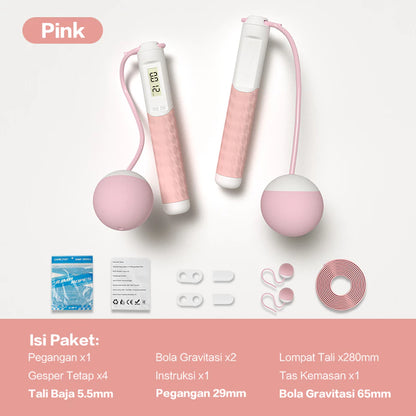  Set tali skipping digital berwarna pink, dilengkapi pegangan, bola gravitasi tanpa tali, tali baja panjang, dan berbagai aksesori.