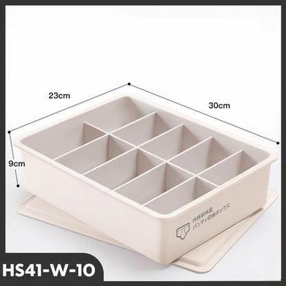 Tampilan tiga perempat dari organizer laci model HS41-W-10 berwarna krem atau putih gading dengan 10 kompartemen terpisah dan penutupnya di bawah. Dimensi produk terlihat jelas: panjang 30cm, lebar 23cm, dan tinggi 9cm. Terdapat ikon celana dalam dengan teks Mandarin/Jepang di sisi kotak, menunjukkan fungsinya untuk menyimpan pakaian dalam atau kaus kaki."