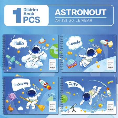 HOPTECH Children's Sketchbook A4 Drawing Book Astronaut Spiral Bound Thick Paper 30 Sheets