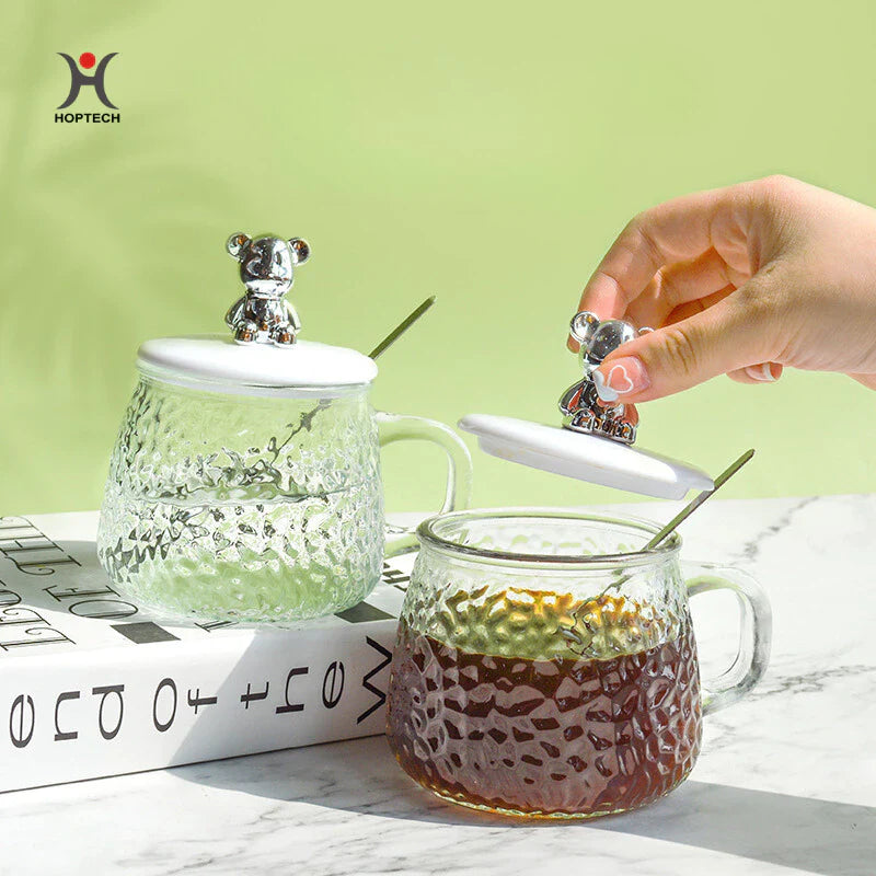 Hoptech - Gelas Kaca Aesthetic 450ml/Mug Elegan Kopi & Teh + Sedotan Motif Animal 350ml Gelas Lucu
