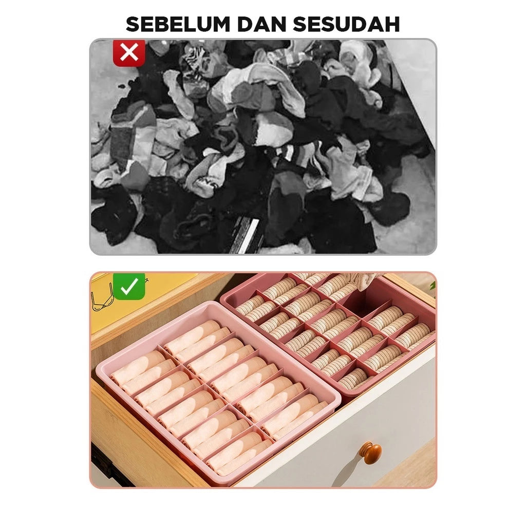 Perbandingan 'Sebelum dan Sesudah' menunjukkan manfaat penggunaan organizer laci. Bagian atas (ditandai 'X') menampilkan tumpukan pakaian dalam dan kaus kaki yang berantakan dalam warna monokrom. Bagian bawah (ditandai ceklis) menunjukkan laci yang rapi dengan dua organizer berwarna merah muda, berisi pakaian dalam dan kaus kaki yang terlipat rapi dalam kompartemen terpisah."