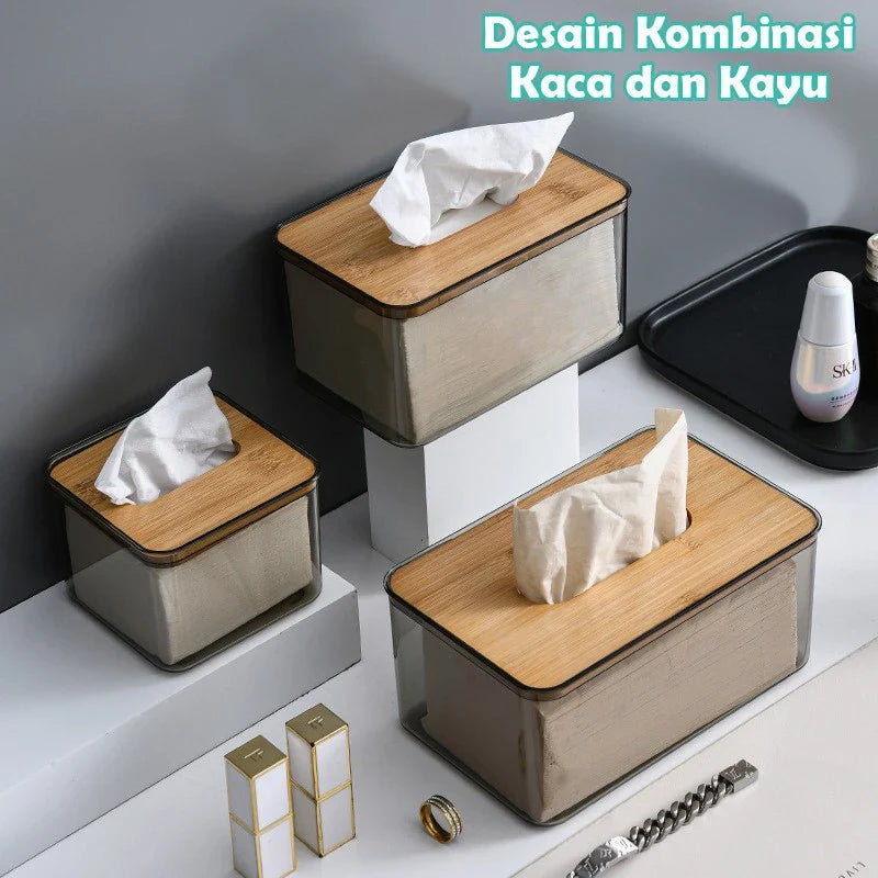 Kotak Tisu Aesthetic Transparan Kayu Modern untuk Kamar Mandi & Dapur Organizer Tisu