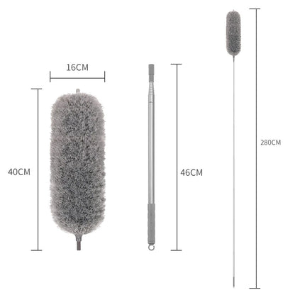 Gambar ini menampilkan tiga komponen kemoceng secara terpisah, menunjukkan dimensinya:

Kepala kemoceng microfiber: Terletak di sisi kiri, berwarna abu-abu, dengan dimensi panjang 40 cm dan lebar 16 cm.

Gagang teleskopik (terlipat): Terletak di bagian tengah, berwarna perak, dengan panjang 46 cm saat terlipat.

Gagang teleskopik (terentang penuh) dengan kepala kemoceng: Terletak di sisi kanan, menunjukkan kemoceng dalam keadaan terpasang dan terentang penuh hingga panjang 280 cm.

Gambar ini secara keselur