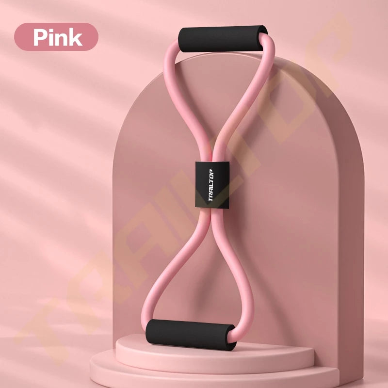 Tensioner yoga hoptech warna pink dengan pegangan hitam untuk latihan kebugaran dan peregangan.

