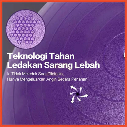 Dekat tampilan permukaan gym ball ungu dengan teknologi tahan ledakan sarang lebah yang mencegahnya meledak dan hanya mengempis perlahan saat tertusuk.