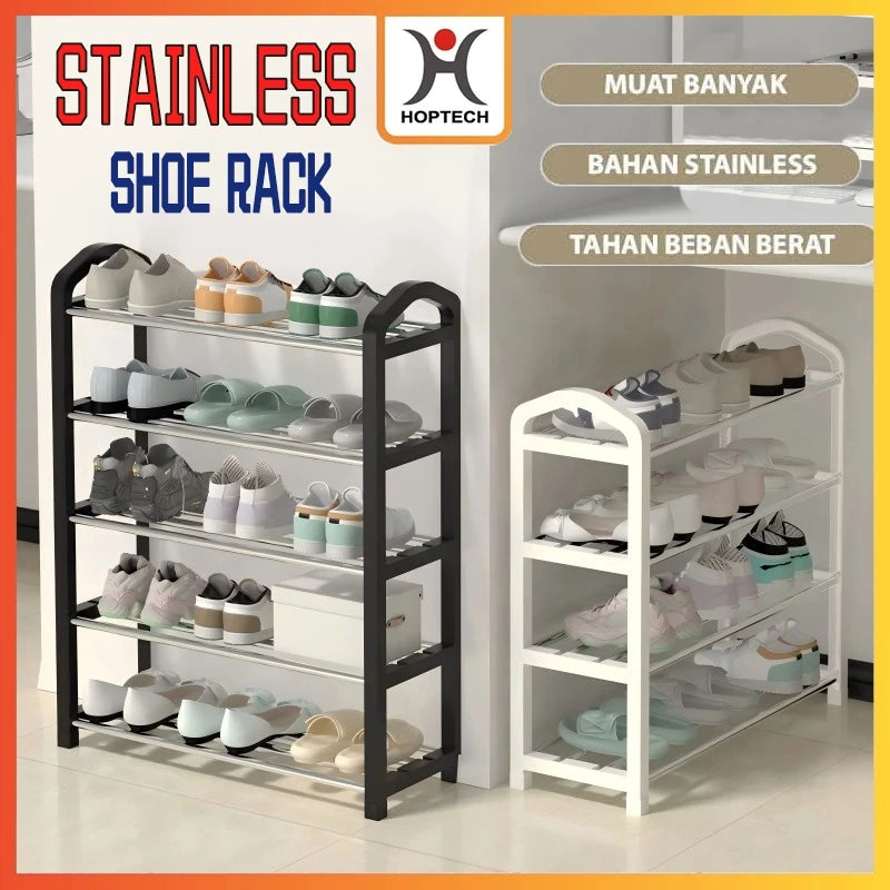 Multi-layered stainless steel and plastic shoe rack, displayed in black and white color options, showcasing the storage for multiple shoes.