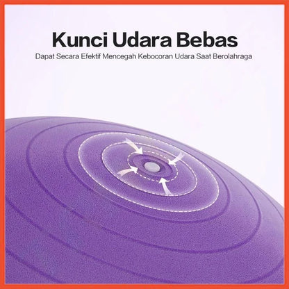 Dekat tampilan katup kunci udara pada gym ball ungu, menunjukkan fitur anti-bocor untuk mencegah kebocoran saat berolahraga.
