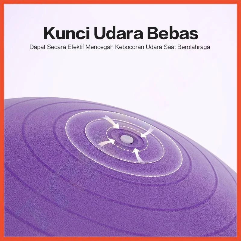 Dekat tampilan katup kunci udara pada gym ball ungu, menunjukkan fitur anti-bocor untuk mencegah kebocoran saat berolahraga.