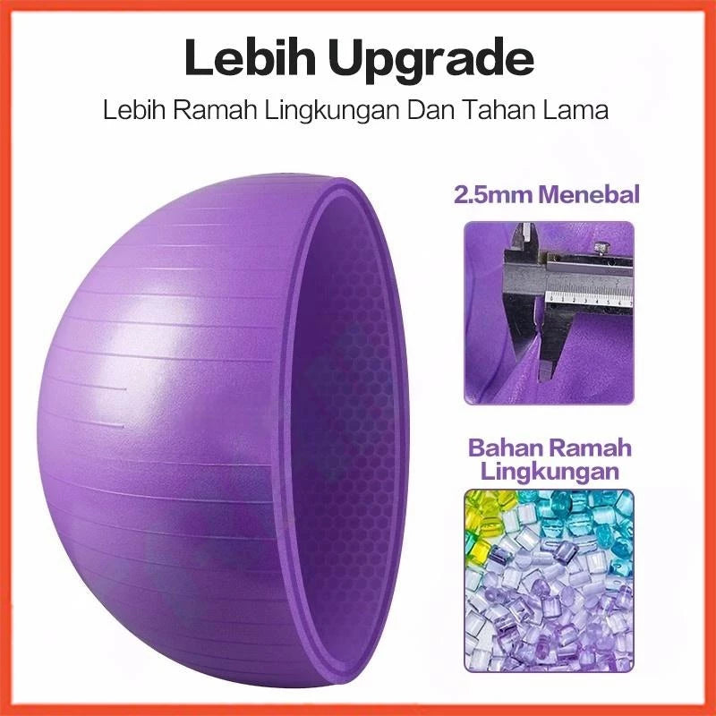  Potongan melintang gym ball ungu yang menunjukkan ketebalan 2.5mm dan terbuat dari bahan ramah lingkungan untuk daya tahan lebih.