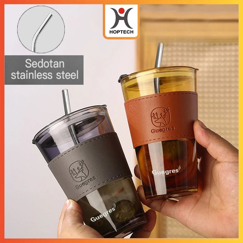 Hoptech - 450ml Heat-Resistant Glass Cup with Straw | Aesthetic Coffee Mug with Leather Case