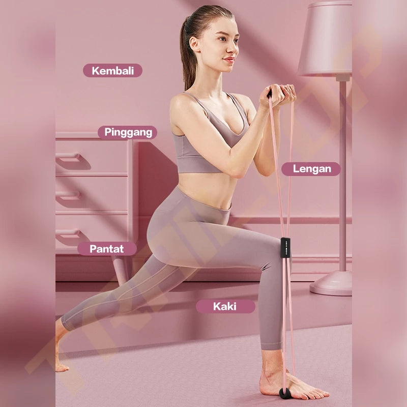 
Wanita melakukan latihan dengan resistance band Hoptech pink, menargetkan kembali, pinggang, lengan, pantat, dan kaki, cocok untuk full body workout.