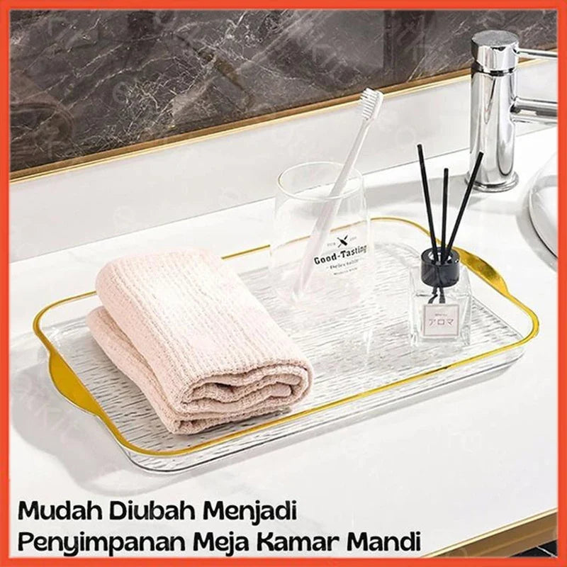 Hoptech - Dekorasi Nampan Tray Mewah/Nampan Dengan Pegangan Handle Gold/Snack Fruit Tray