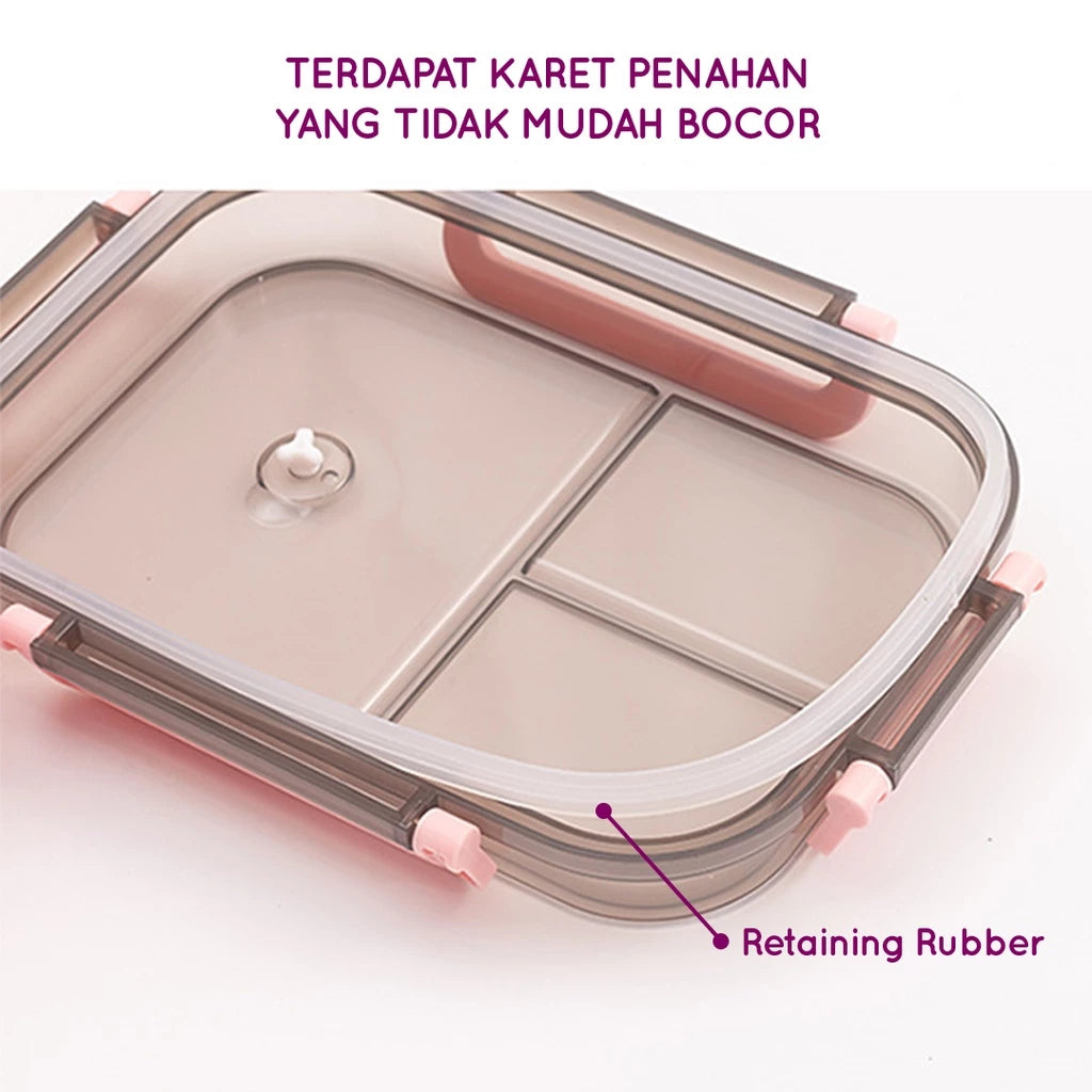  Close-up tutup kotak makan siang transparan yang menunjukkan karet penahan silikon putih di sepanjang tepinya untuk mencegah kebocoran, dengan klip pengunci berwarna merah muda di samping dan sekat internal terlihat di dalamnya.