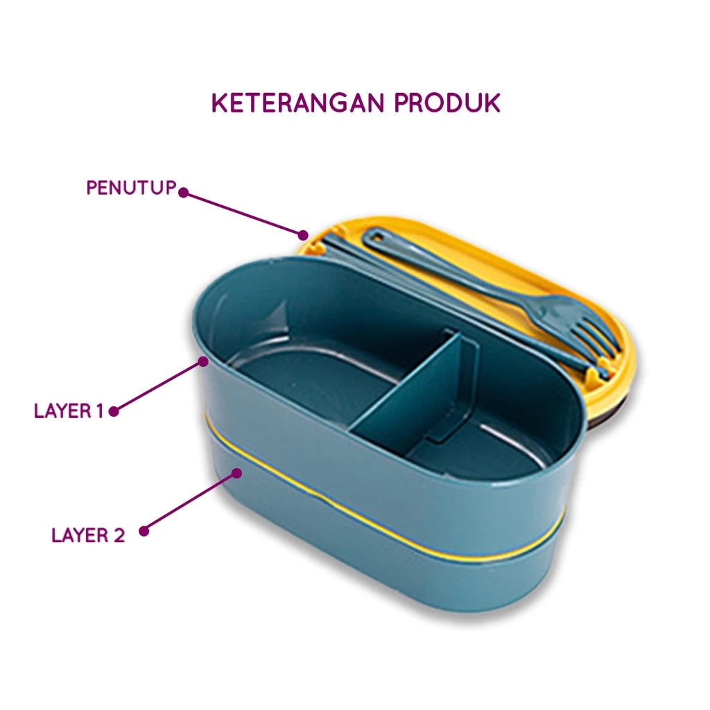  Sebuah kotak bekal makan siang dua tingkat berwarna biru tua dengan garis kuning, terbuka untuk memperlihatkan dua kompartemen. Di sampingnya terdapat satu set alat makan berwarna biru tua (garpu, sendok, dan sumpit) dalam wadah kuning. Tanda panah dan label menunjukkan 'PENUTUP', 'LAYER 1', dan 'LAYER 2'. Di bagian atas gambar, terdapat teks 'KETERANGAN PRODUK'.