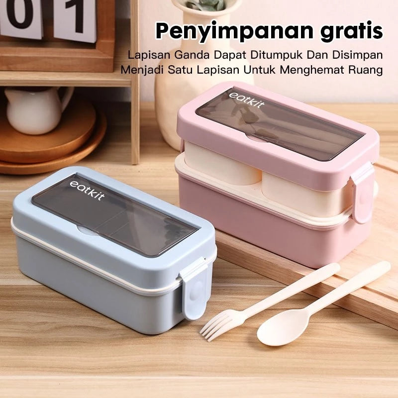 Hoptech - Lunch Box Set 2 Tingkat 1250ml Sauce Cup Anti tumpah Free Sendok Garpu Kotak Bekal Portable