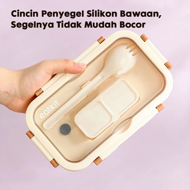Hoptech - Set Kotak Makan Siang 840ml Desain Kompartemen Lunch Box Microwave Gratis Alat Makan Box Saus