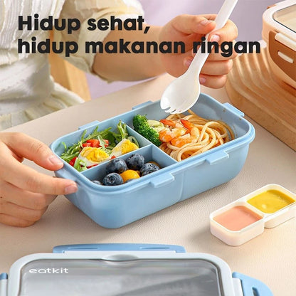 Hoptech - Set Kotak Makan Siang 840ml Desain Kompartemen Lunch Box Microwave Gratis Alat Makan Box Saus