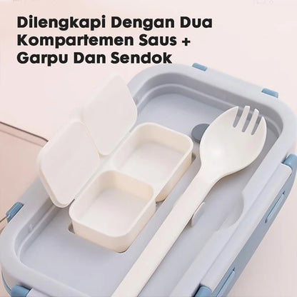 Hoptech - Set Kotak Makan Siang 840ml Desain Kompartemen Lunch Box Microwave Gratis Alat Makan Box Saus
