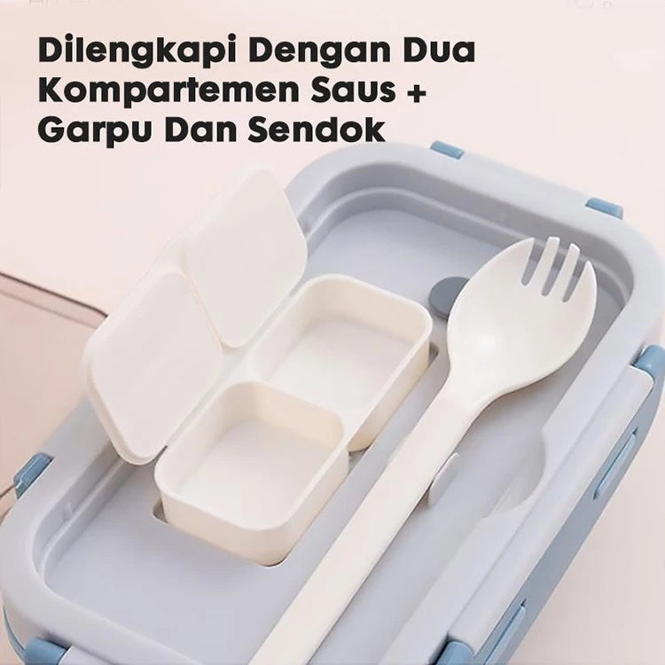 Hoptech - Set Kotak Makan Siang 840ml Desain Kompartemen Lunch Box Microwave Gratis Alat Makan Box Saus