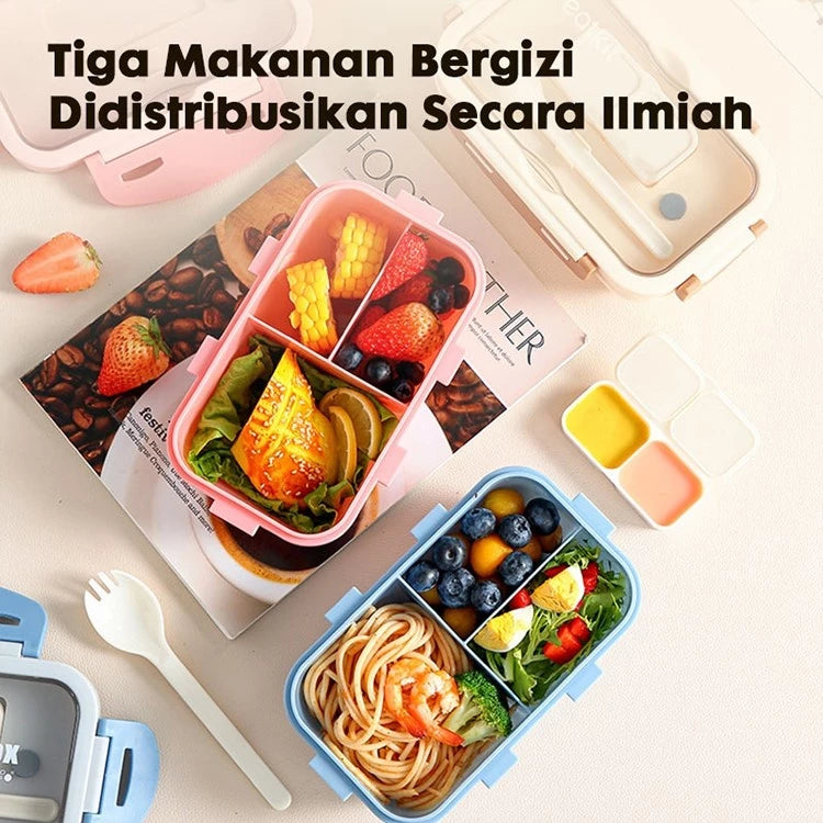 Hoptech - Set Kotak Makan Siang 840ml Desain Kompartemen Lunch Box Microwave Gratis Alat Makan Box Saus