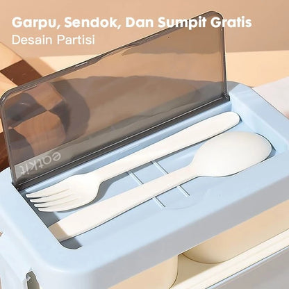 Hoptech - Lunch Box Set 2 Tingkat 1250ml Sauce Cup Anti tumpah Free Sendok Garpu Kotak Bekal Portable