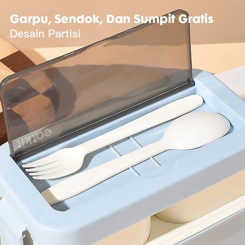 Hoptech - Lunch Box Set 2 Tingkat 1250ml Sauce Cup Anti tumpah Free Sendok Garpu Kotak Bekal Portable