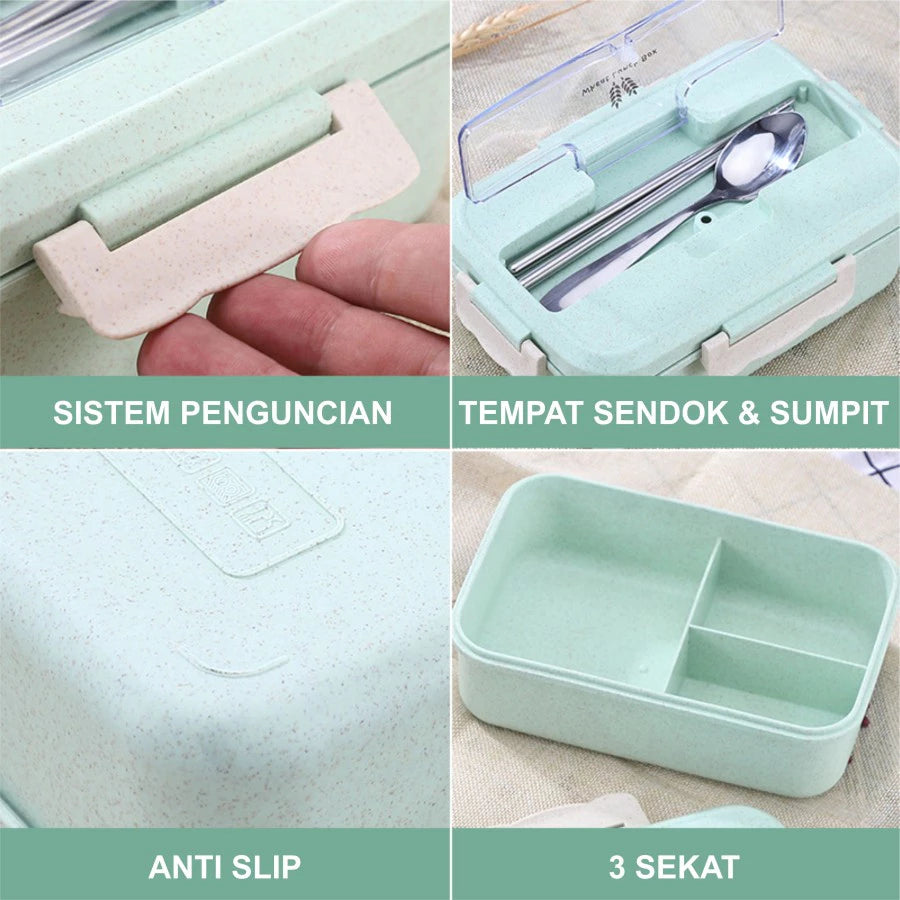 Hoptech - Lunch Box Jerami Gandum 1000ml 4-in-1 Kotak Bekal Makan + Sendok Praktis
