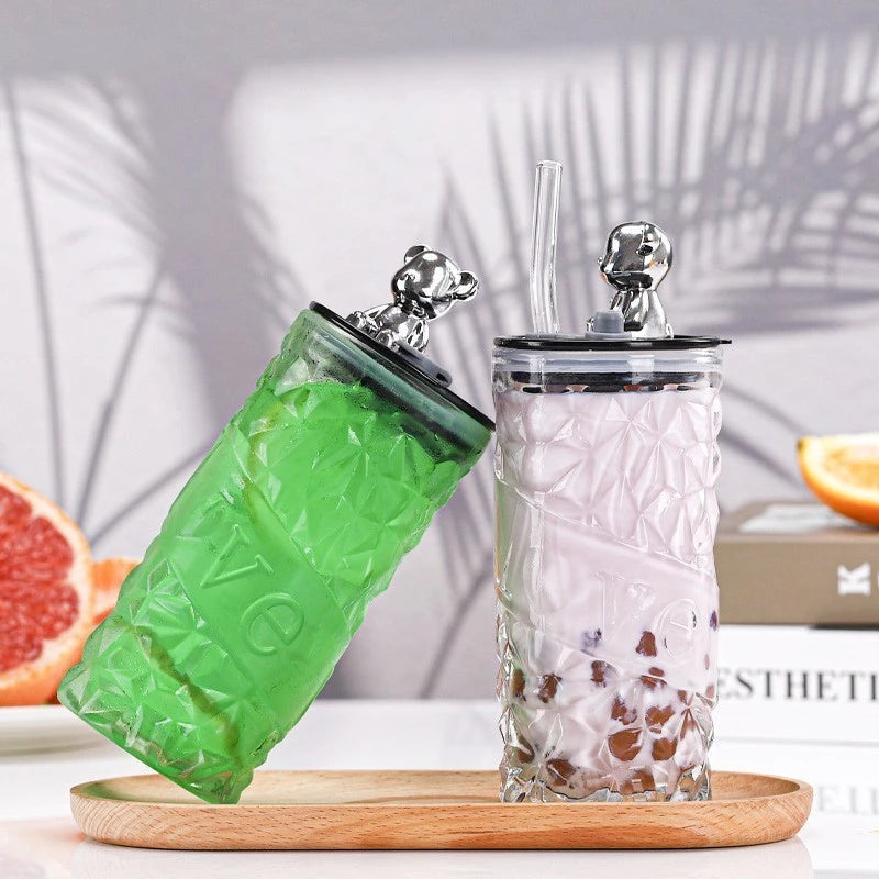 500ml Glass Tumbler | Aesthetic Glass Tumbler Coffee Mug Bottle | Glass Tumbler with Bear Lid