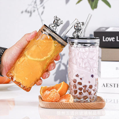 500ml Glass Tumbler | Aesthetic Glass Tumbler Coffee Mug Bottle | Glass Tumbler with Bear Lid