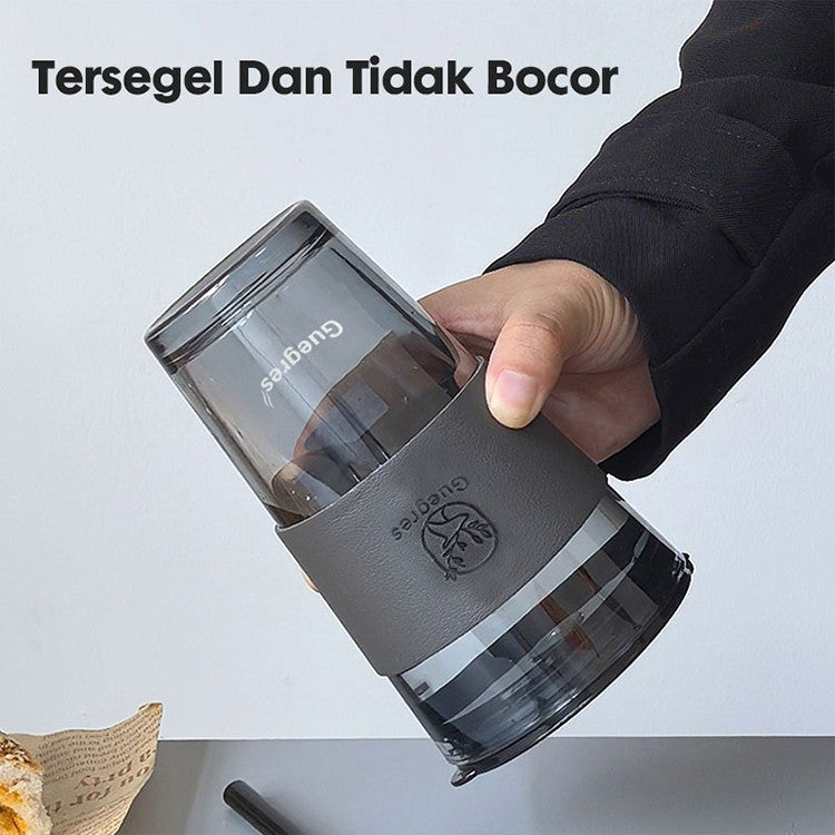 Hoptech - 450ml Heat-Resistant Glass Cup with Straw | Aesthetic Coffee Mug with Leather Case