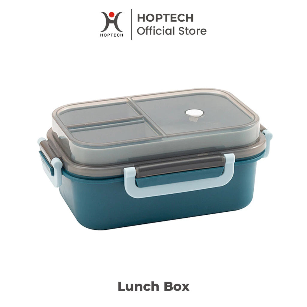 A two-tiered lunch box with a blue bottom compartment and gray top compartment with three separate sections, branded by HOPTECH.