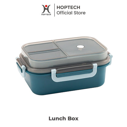 A two-tiered lunch box with a blue bottom compartment and gray top compartment with three separate sections, branded by HOPTECH.