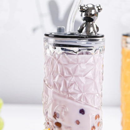 500ml Glass Tumbler | Aesthetic Glass Tumbler Coffee Mug Bottle | Glass Tumbler with Bear Lid