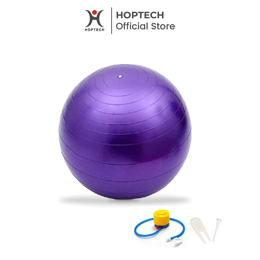Gym ball Hoptech berwarna ungu, dilengkapi dengan pompa dan aksesori katup.