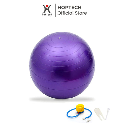 Gym ball Hoptech berwarna ungu, dilengkapi dengan pompa dan aksesori katup.