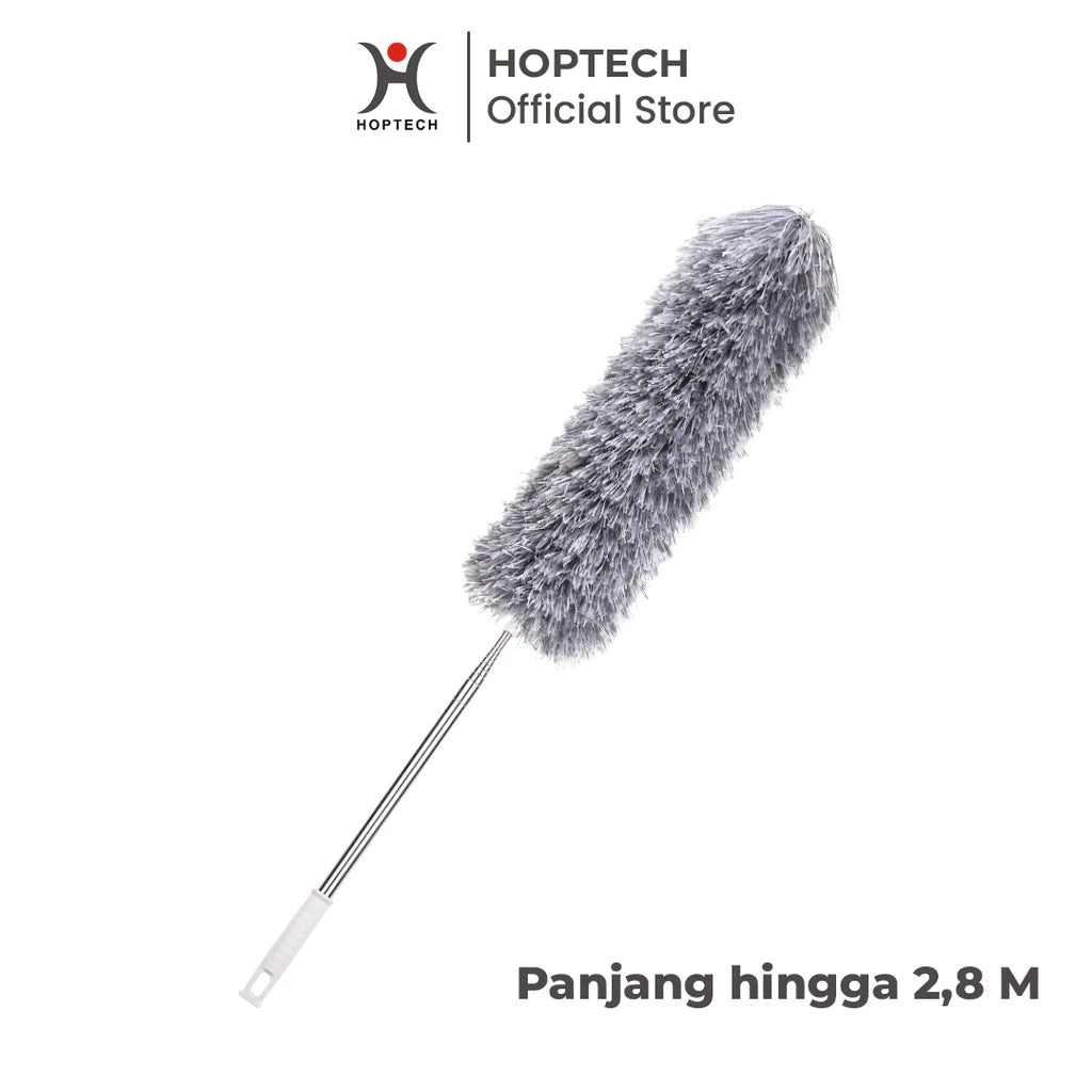 
The image shows a grey, fluffy duster with an extendable handle. The text says "Panjang hingga 2,8 M" (Length up to 2.8 M). The "HOPTECH Official Store" logo is at the top.