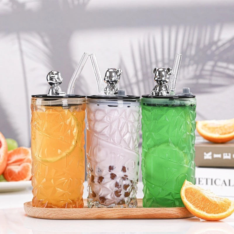 500ml Glass Tumbler | Aesthetic Glass Tumbler Coffee Mug Bottle | Glass Tumbler with Bear Lid